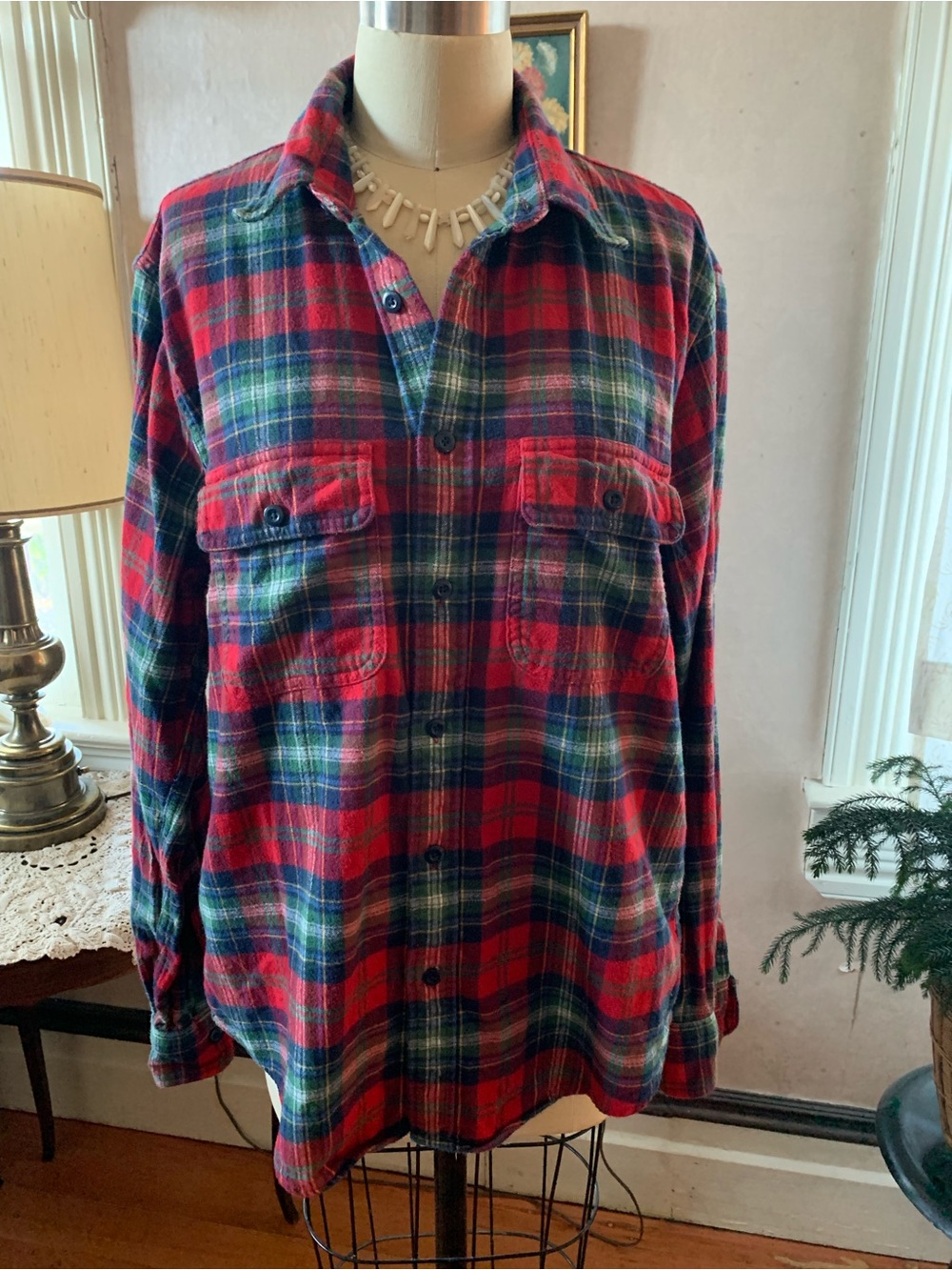 Abercrombie & Fitch Red and Green Plaid Button-Down Shirt Shacket